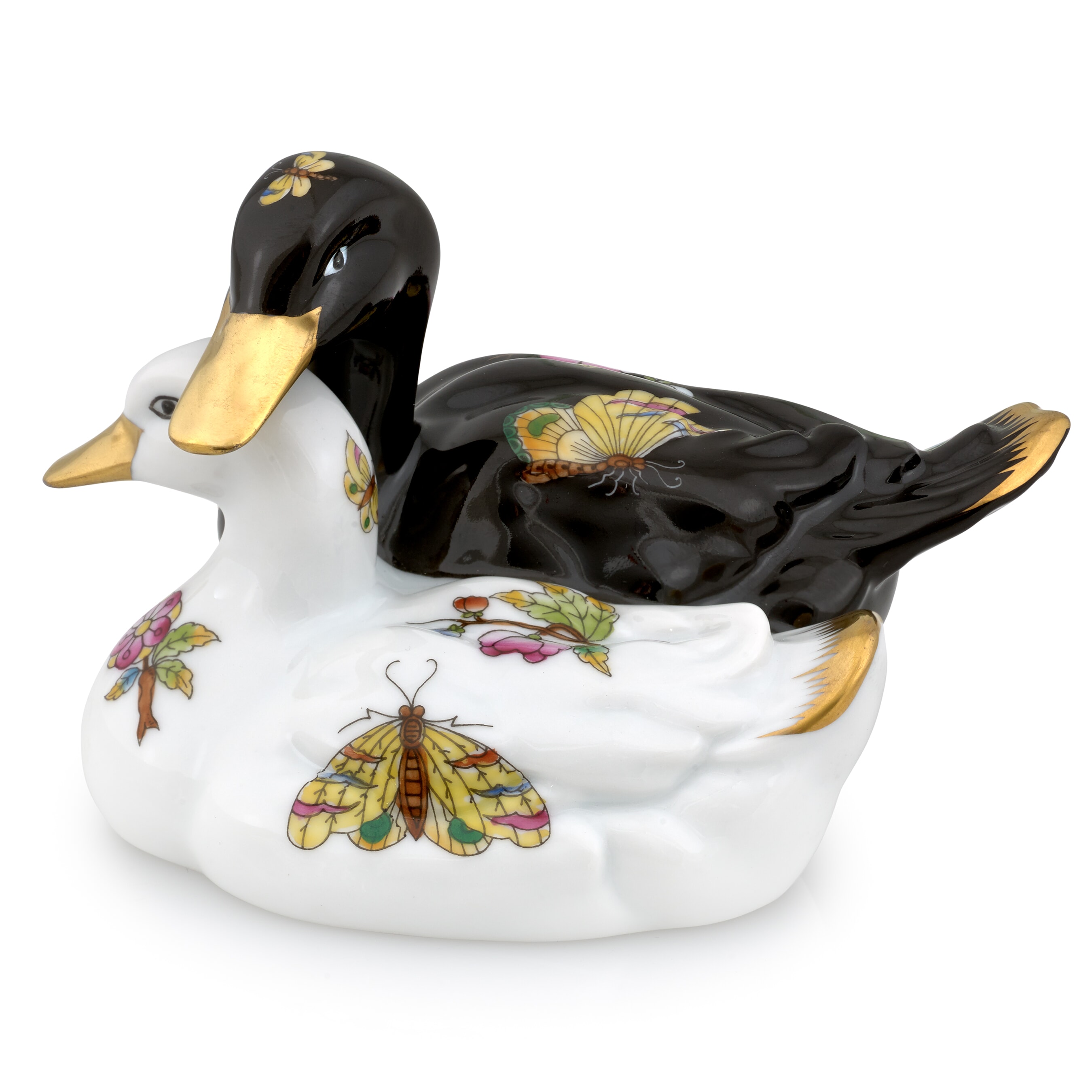 Herend Pair of Ducks Figurine, Black & White